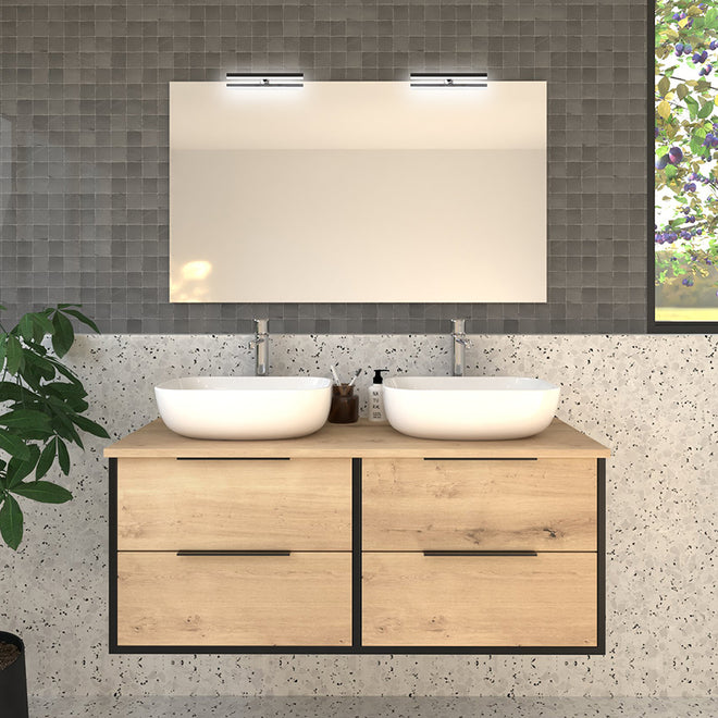 Meuble de salle de bain 120cm avec vasques à poser arrondies - 4 tiroirs et miroir avec appliques - ALBA