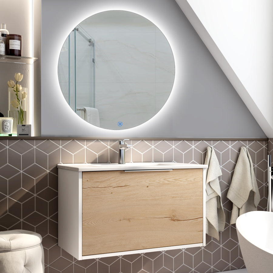 Meuble de salle de bain 80cm simple vasque - 1 façade et 2 tiroirs - ALBA et miroir rond SOLEN