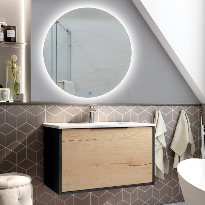 Meuble de salle de bain 80cm simple vasque - 1 façade et 2 tiroirs - ALBA et miroir rond SOLEN