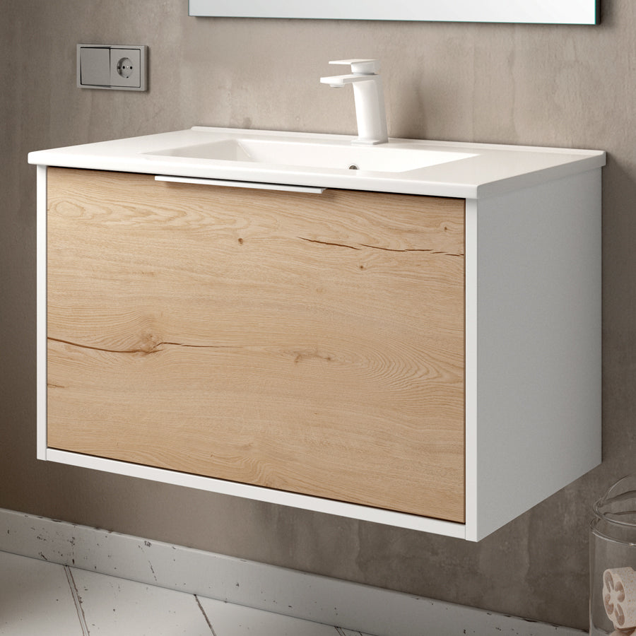Meuble de salle de bain 80cm simple vasque - 1 façade et 2 tiroirs - sans miroir - ALBA