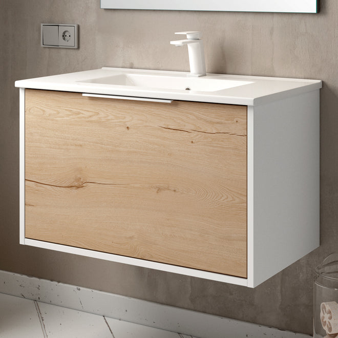 Meuble de salle de bain 80cm simple vasque - 1 façade et 2 tiroirs - sans miroir - ALBA