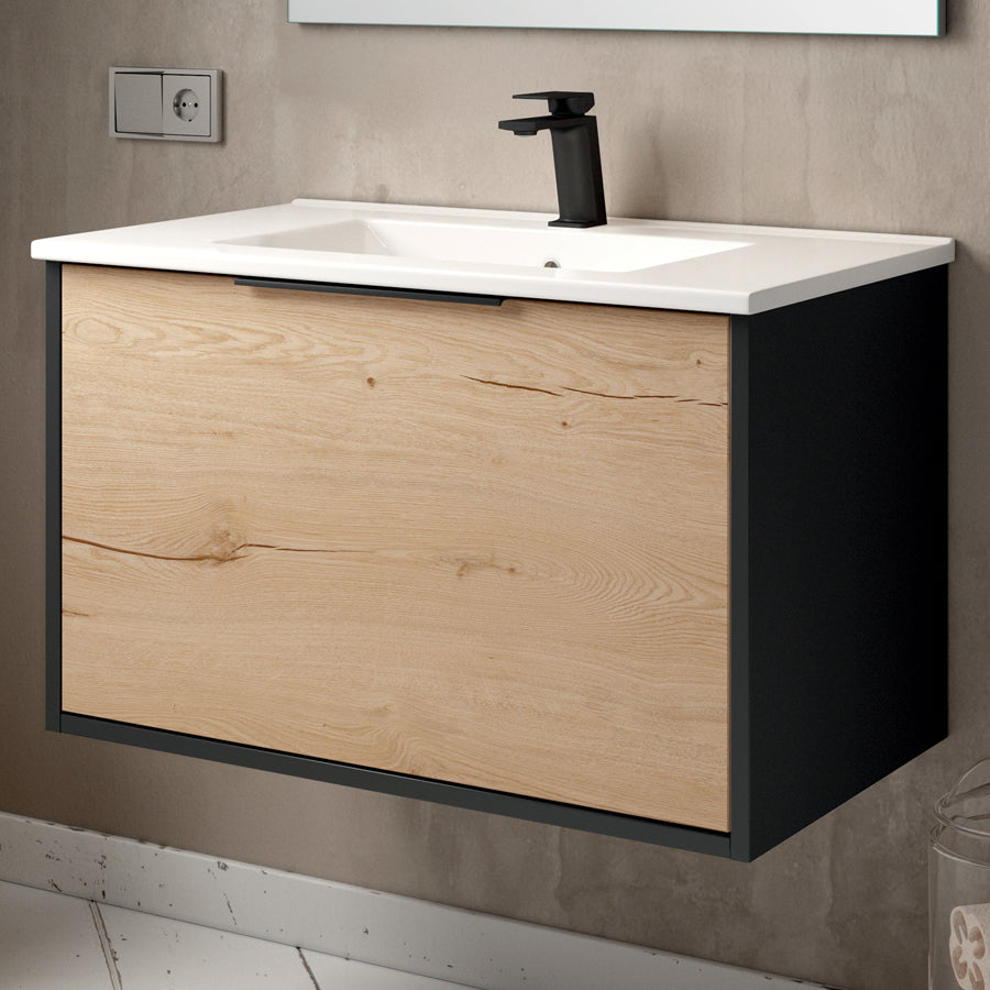 Meuble de salle de bain 80cm simple vasque - 1 façade et 2 tiroirs - sans miroir - ALBA