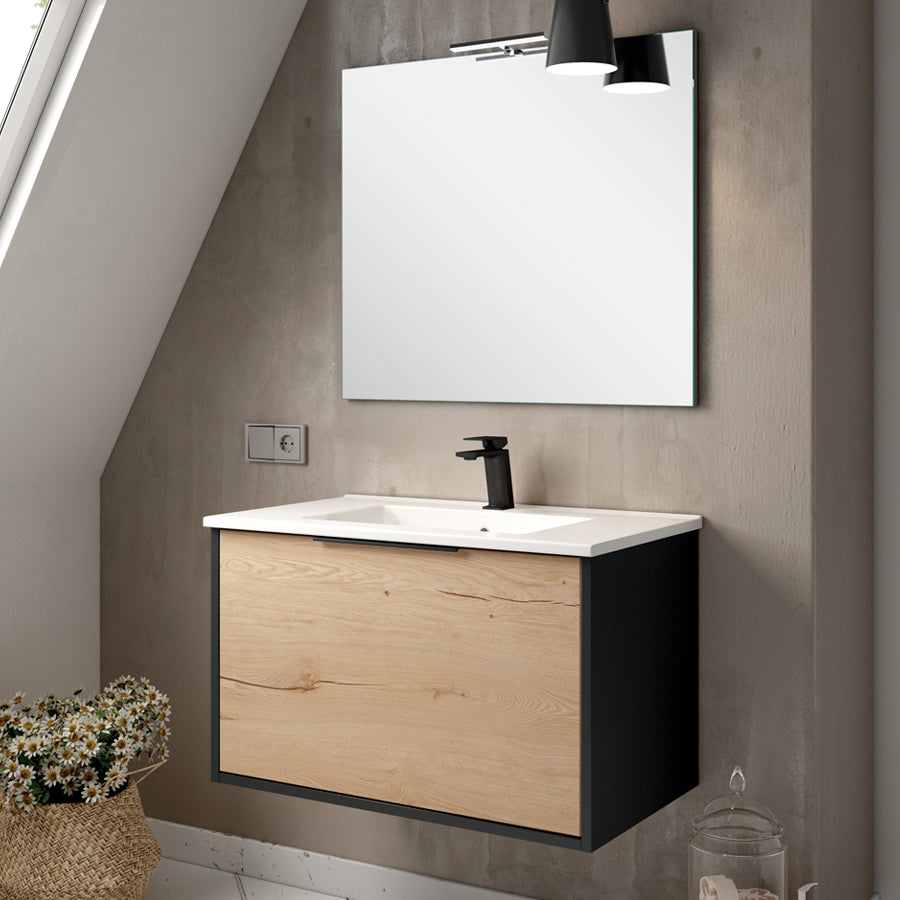 Meuble de salle de bain 80cm simple vasque - 1 façade et 2 tiroirs - ALBA