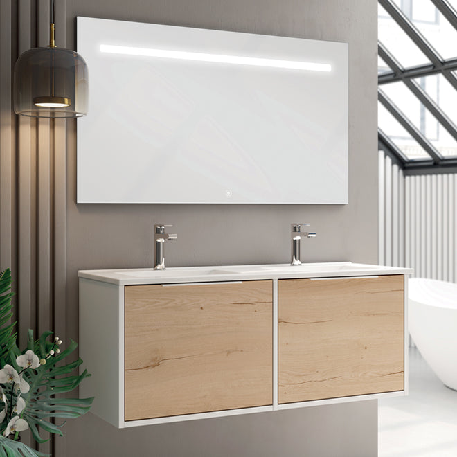 Meuble de salle de bain 120cm double vasque - 2 façades et 4 tiroirs - ALBA et miroir Led STAM