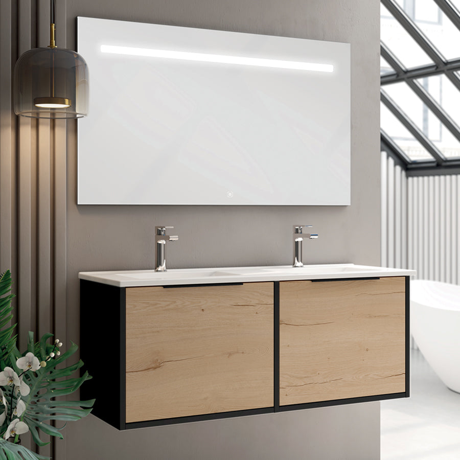 Meuble de salle de bain 120cm double vasque - 2 façades et 4 tiroirs - ALBA et miroir Led STAM
