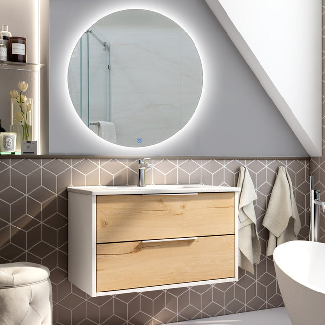 Meuble de salle de bain 80cm simple vasque - 2 tiroirs - ALBA et miroir rond SOLEN