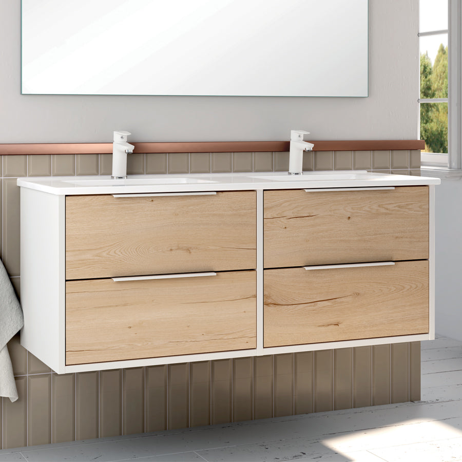 Meuble de salle de bain 120cm double vasque - 4 tiroirs - ALBA et miroir Led STAM