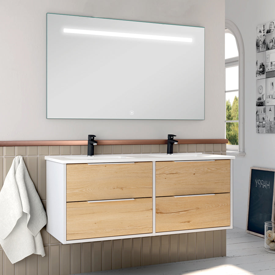 Meuble de salle de bain 120cm double vasque - 4 tiroirs - ALBA et miroir Led STAM