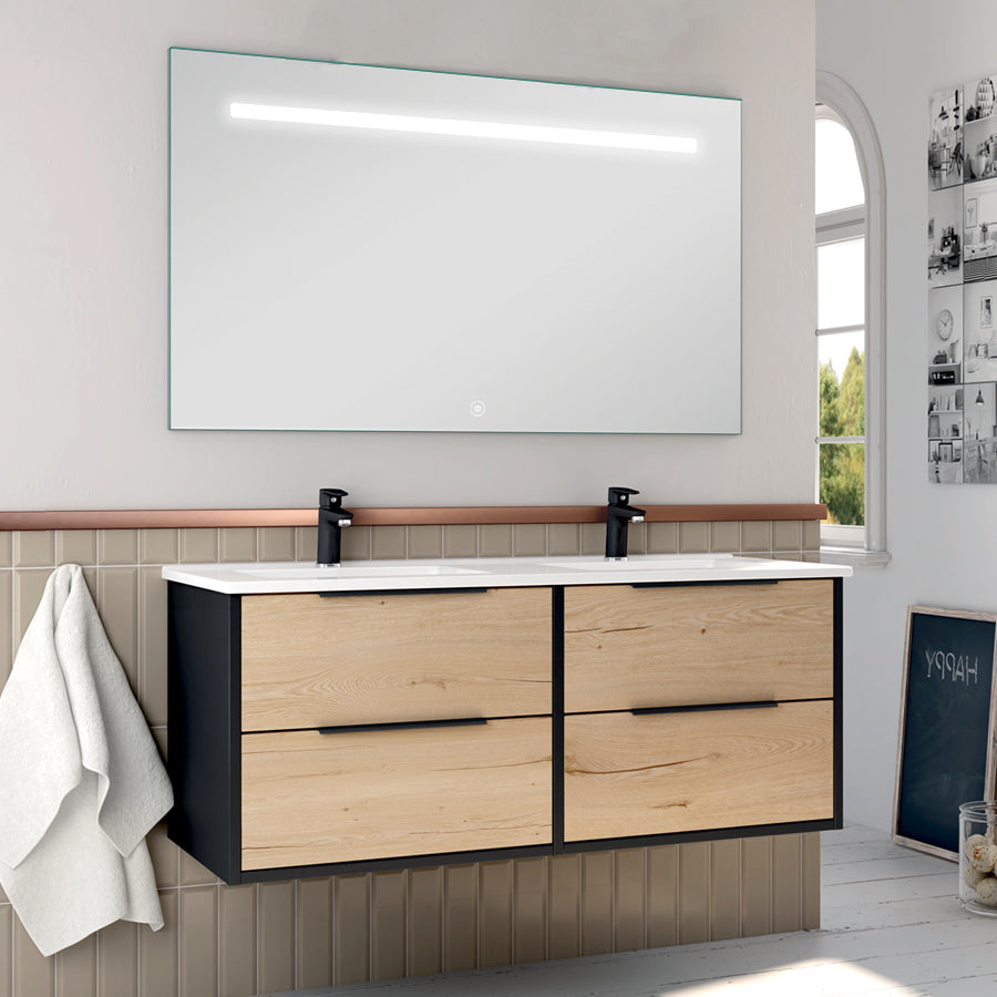 Meuble de salle de bain 120cm double vasque - 4 tiroirs - ALBA et miroir Led STAM