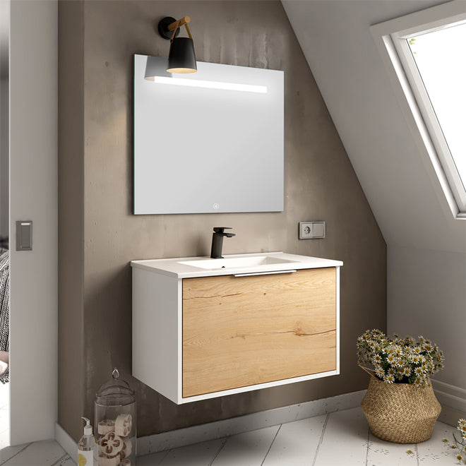 Meuble de salle de bain 80cm simple vasque - 1 façade et 2 tiroirs - ALBA et miroir STAM