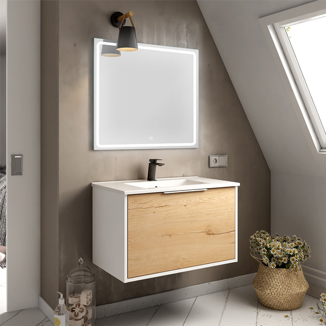 Meuble de salle de bain 80cm simple vasque - 1 façade et 2 tiroirs - ALBA et miroir VELDI