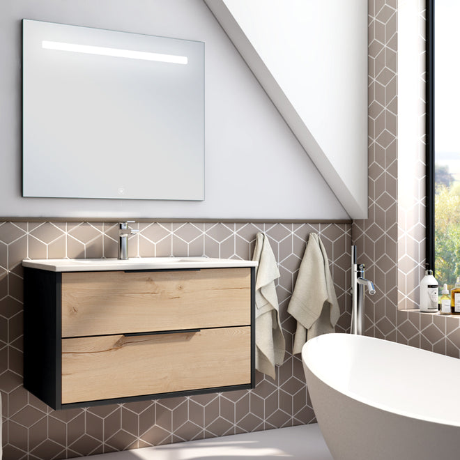 Meuble de salle de bain 80cm simple vasque - 2 tiroirs - ALBA et miroir STAM