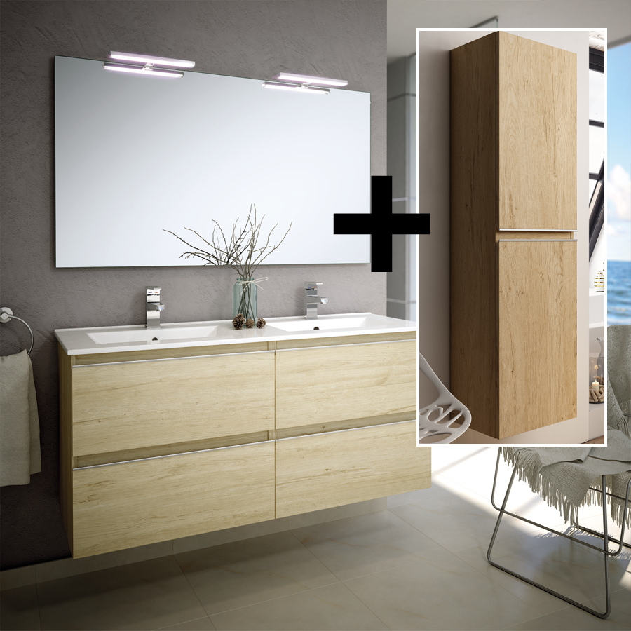 Meuble salle de bain BALEA 4 tiroirs bambou + colonne
