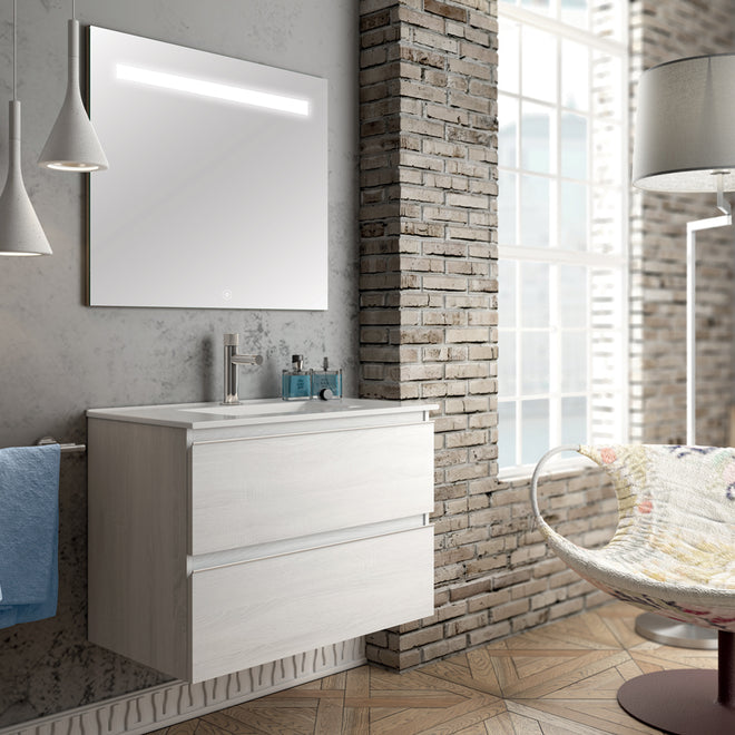 Meuble de salle de bain 100cm simple vasque - 2 tiroirs - BALEA et miroir Led STAM