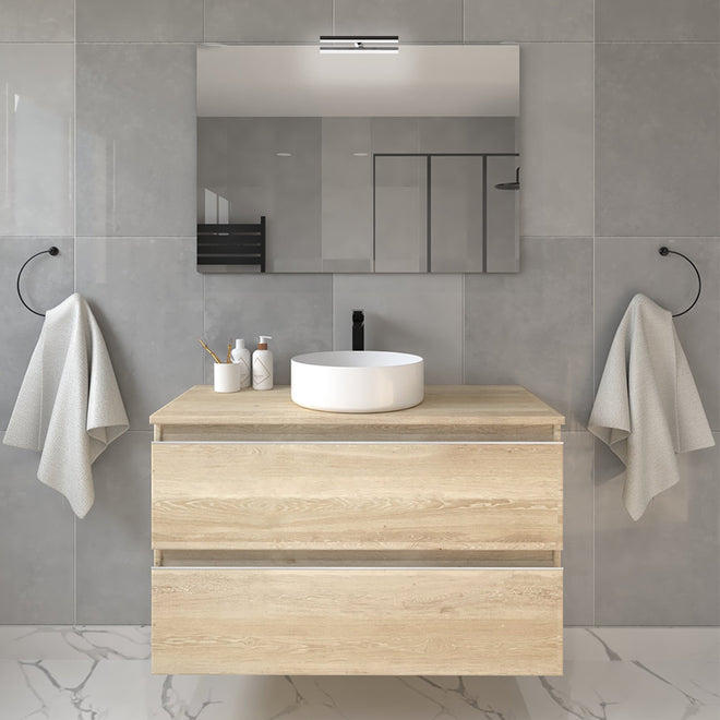 Meuble de salle de bain 70cm avec vasque à poser ronde - 2 tiroirs et miroir avec applique BALEA
