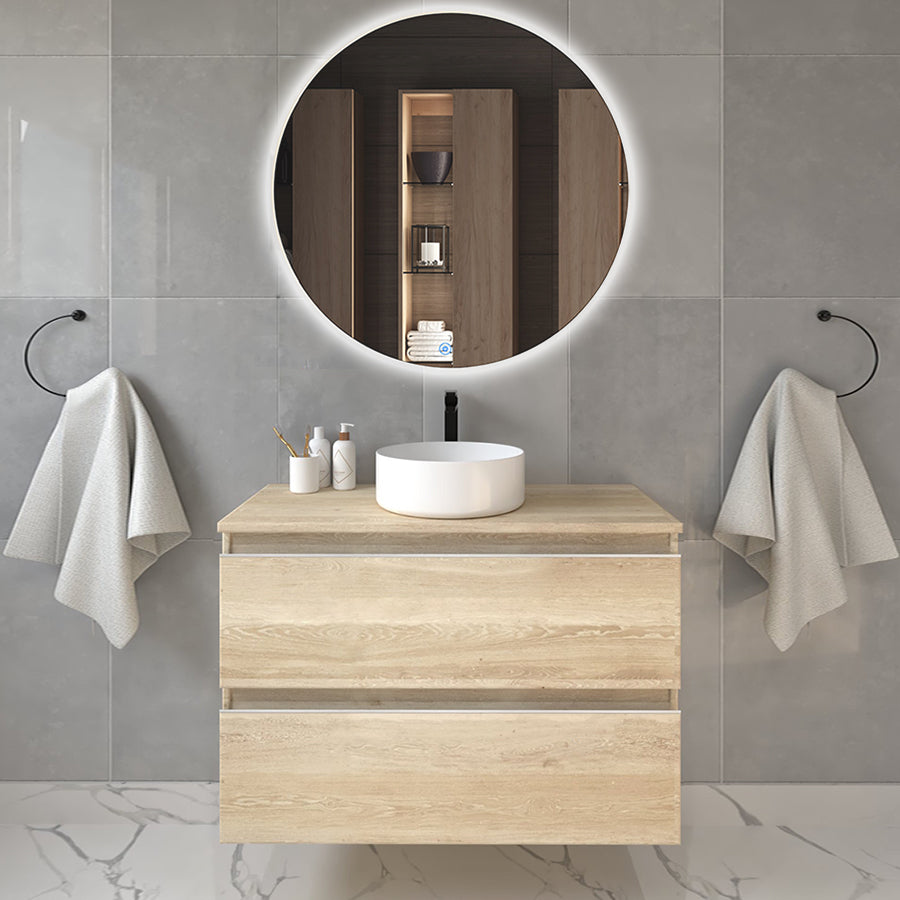 Meuble de salle de bain 70cm avec vasque à poser ronde - 2 tiroirs - BALEA et miroir rond Led SOLEN