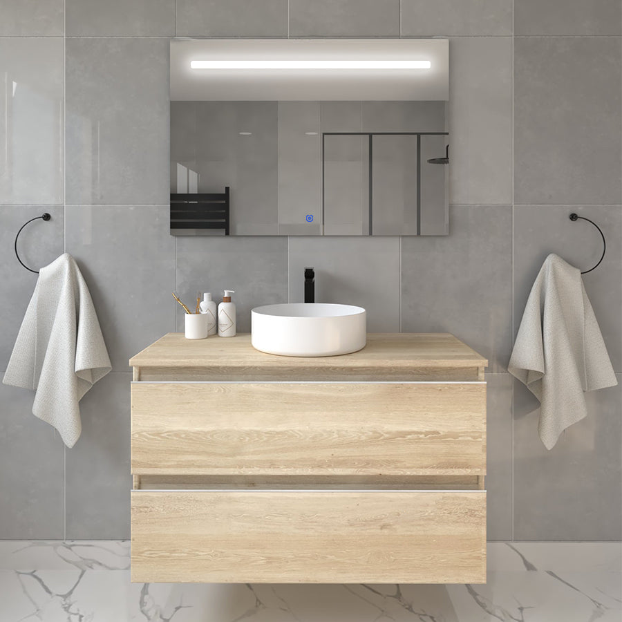 Meuble de salle de bain 100cm avec vasque à poser ronde - 2 tiroirs - BALEA et miroir Led STAM