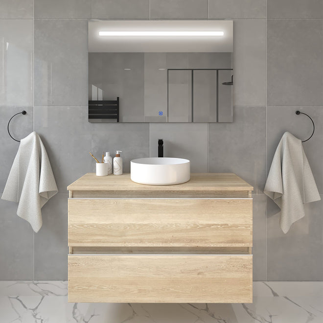 Meuble de salle de bain 70cm avec vasque à poser ronde - 2 tiroirs - BALEA et miroir Led STAM