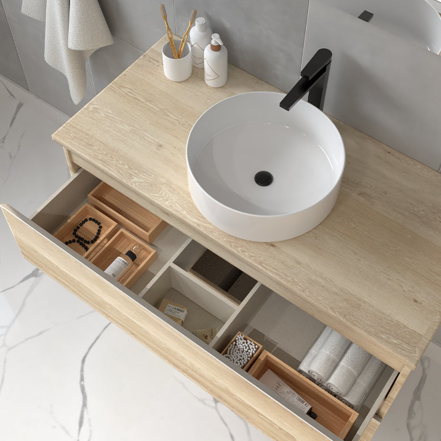 Meuble de salle de bain 70cm avec vasque à poser ronde - sans miroir - 2 tiroirs - BALEA