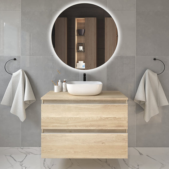 Meuble de salle de bain 70cm avec vasque à poser arrondie - 2 tiroirs - BALEA et miroir rond Led SOLEN
