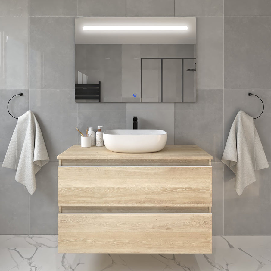 Meuble de salle de bain 100cm avec vasque à poser arrondie - 2 tiroirs - BALEA et miroir Led STAM