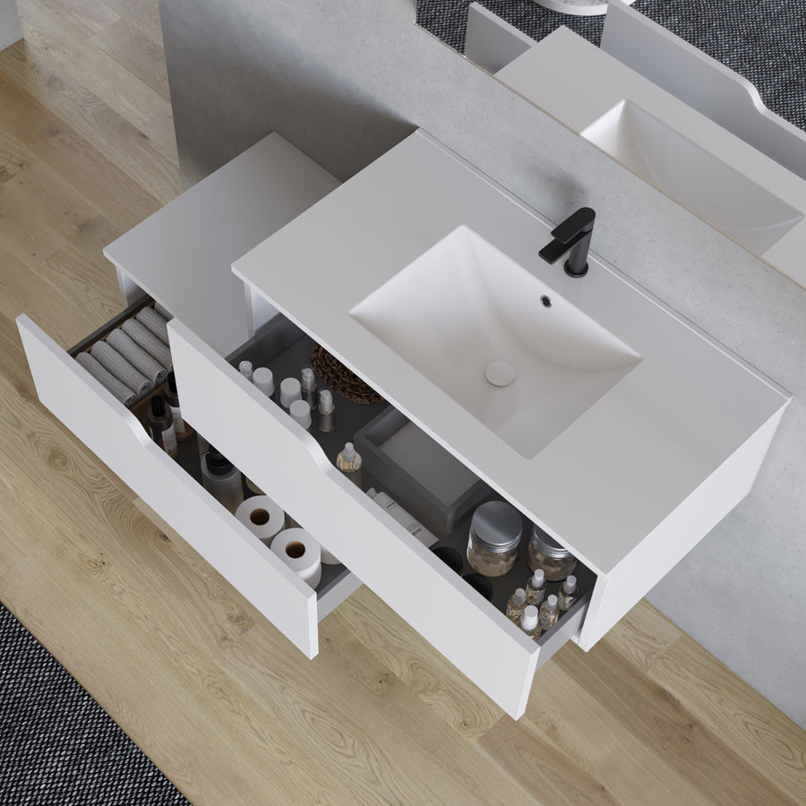 Meuble de salle de bain 120cm avec plan simple vasque - 2 tiroirs - CADIX