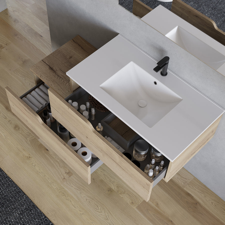 Meuble de salle de bain 120cm avec plan simple vasque - 2 tiroirs - CADIX