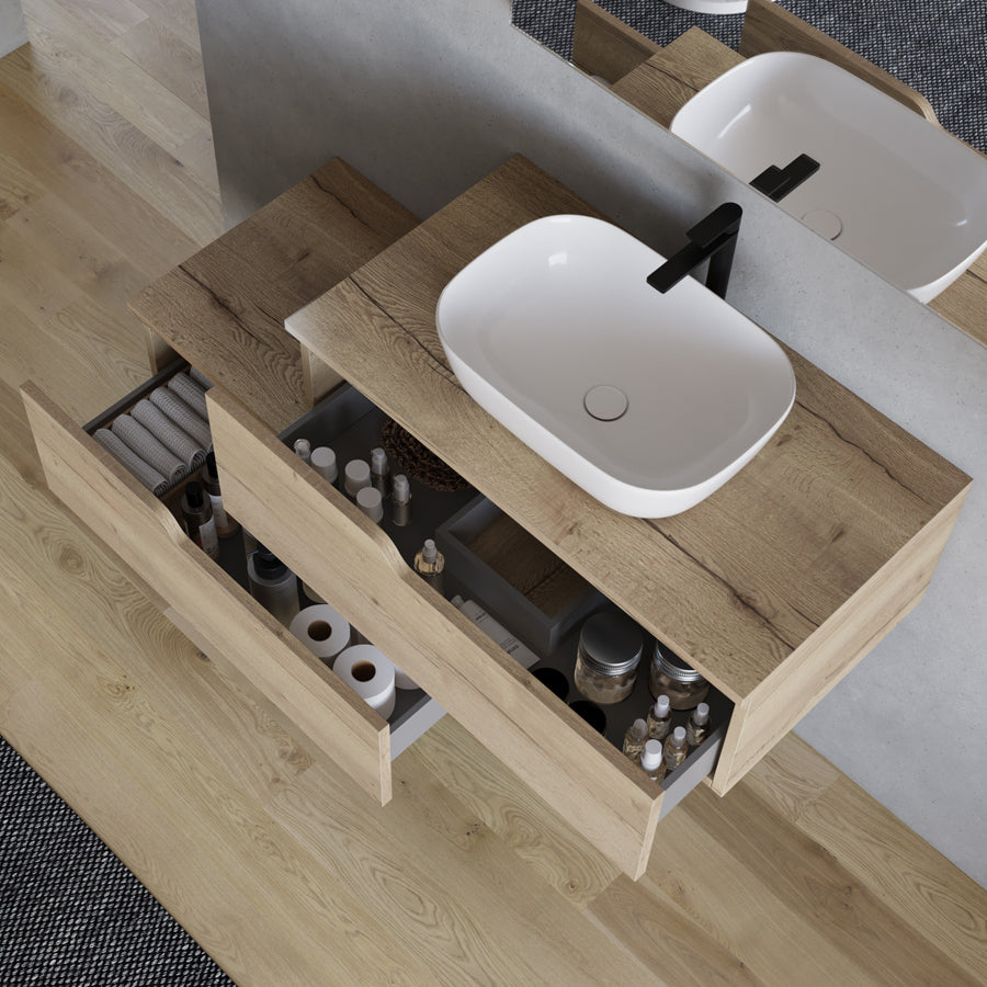 Meuble de salle de bain 120cm avec vasque à poser arrondie - sans miroir - 2 tiroirs - CADIX