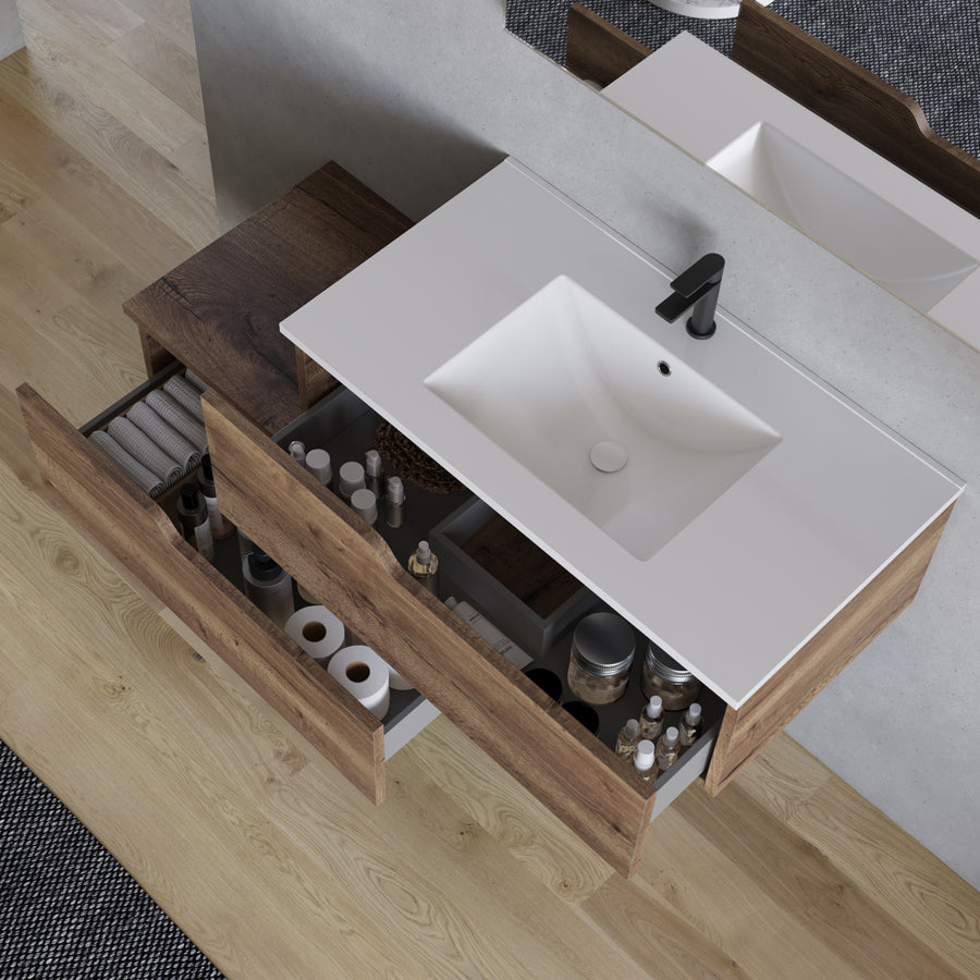 Meuble de salle de bain 120cm avec plan simple vasque - 2 tiroirs - CADIX