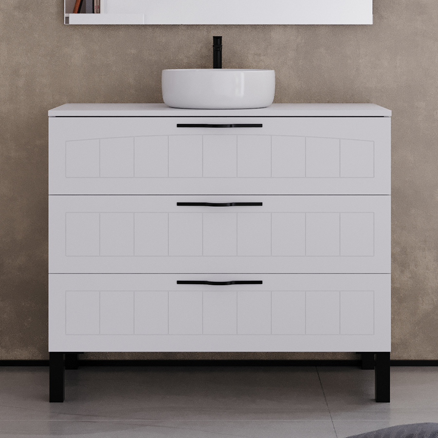 Meuble de salle de bain 100cm avec plateau et vasque à poser ronde - 3 tiroirs - CALA