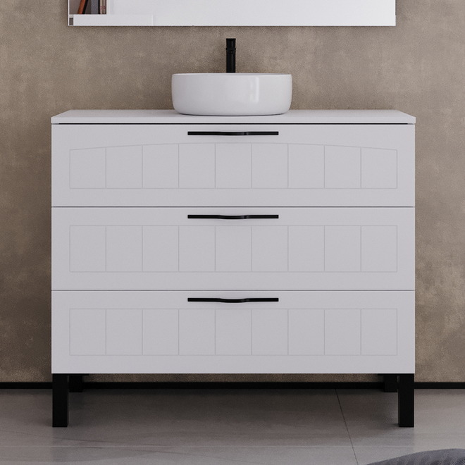 Meuble de salle de bain 100cm avec plateau et vasque à poser ronde - sans miroir - 3 tiroirs - CALA