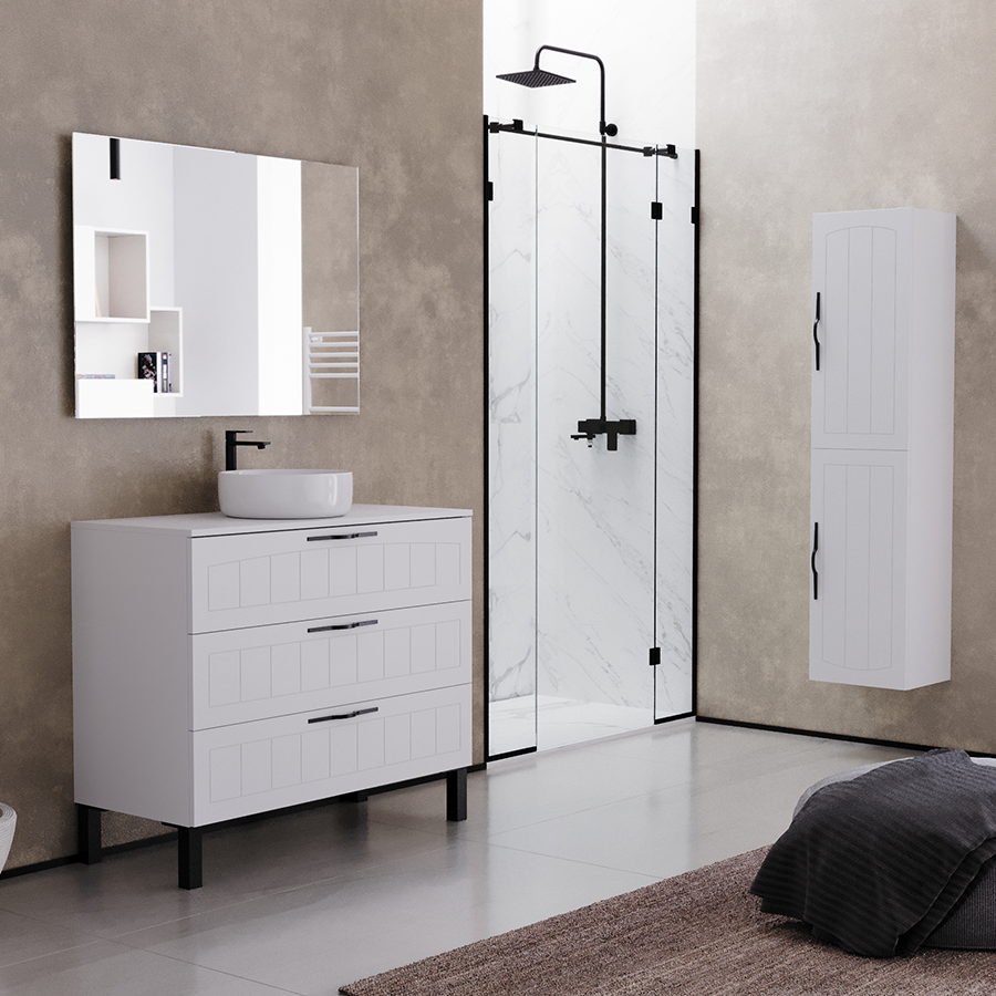 Meuble de salle de bain 100cm avec plateau et vasque à poser ronde - 3 tiroirs - CALA