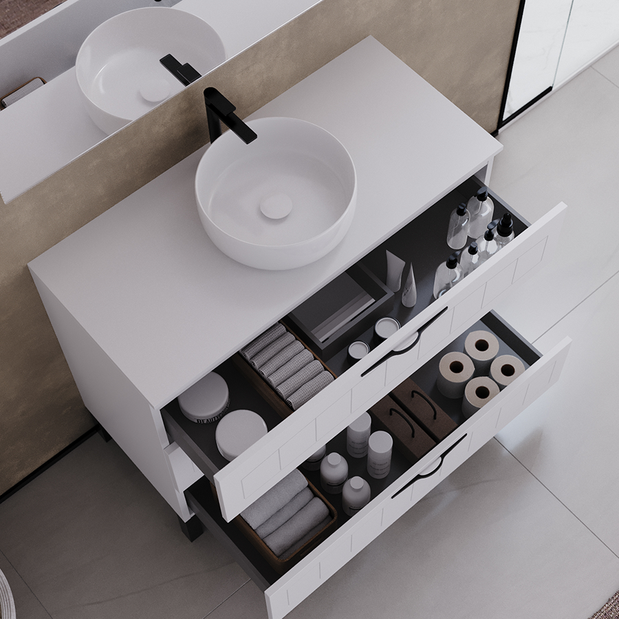 Meuble de salle de bain 100cm avec plateau et vasque à poser ronde - 3 tiroirs - CALA