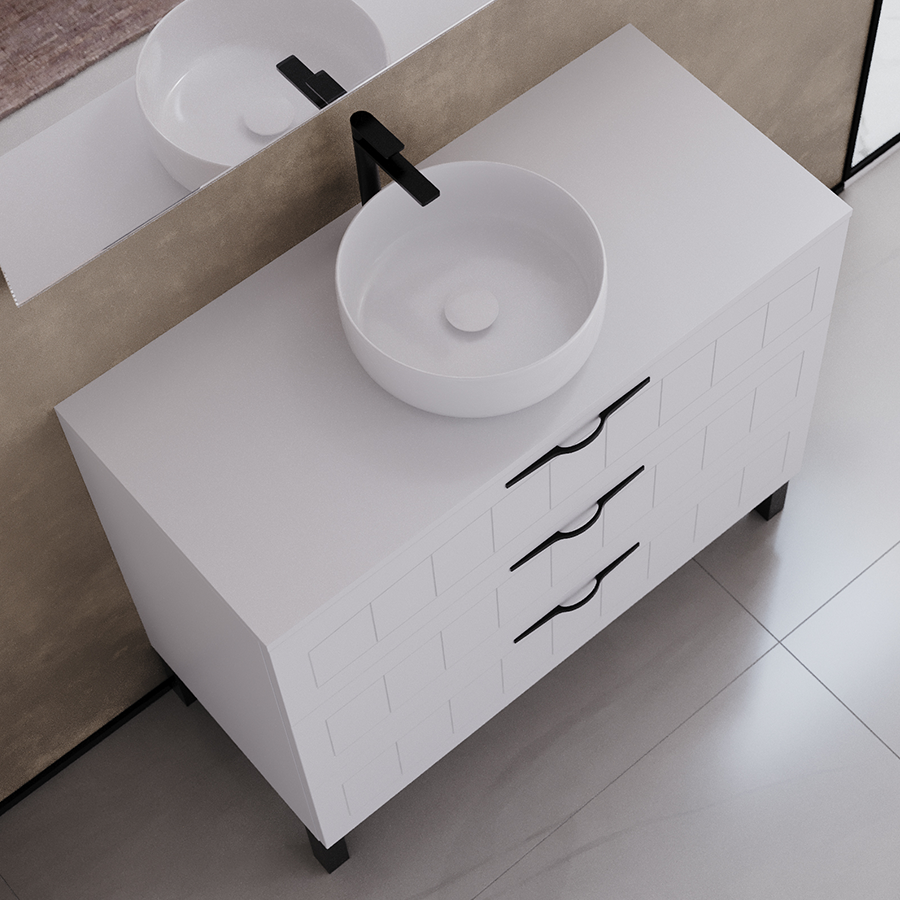Meuble de salle de bain 100cm avec plateau et vasque à poser ronde - 3 tiroirs - CALA