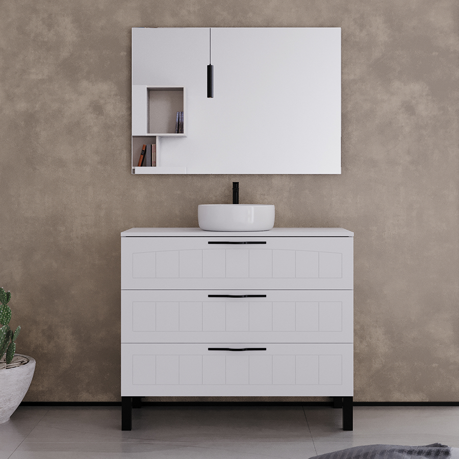 Meuble de salle de bain 100cm avec plateau et vasque à poser ronde - 3 tiroirs - CALA