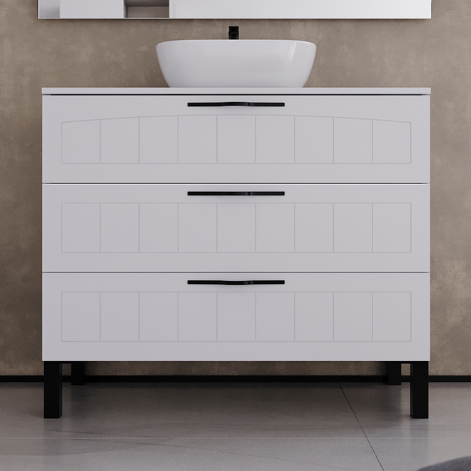 Meuble de salle de bain 100cm avec plateau et vasque à poser ovale - sans miroir - 3 tiroirs - CALA