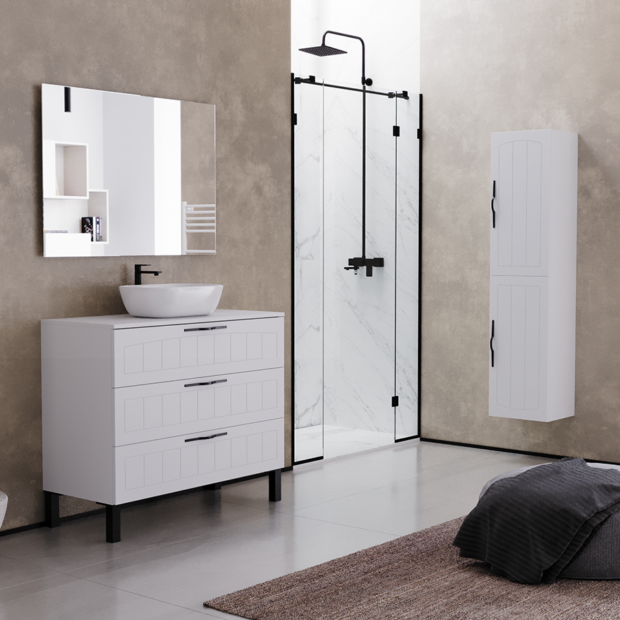 Meuble de salle de bain 100cm avec plateau et vasque à poser ovale - sans miroir - 3 tiroirs - CALA
