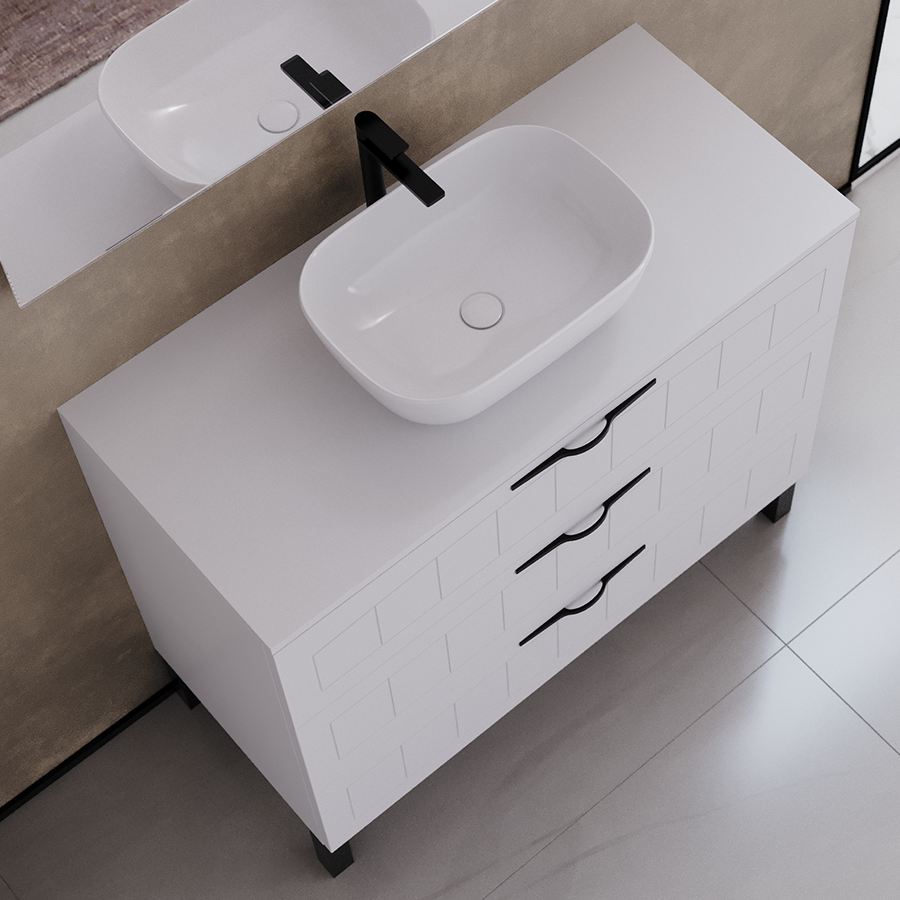 Meuble de salle de bain 100cm avec plateau et vasque à poser ovale - sans miroir - 3 tiroirs - CALA