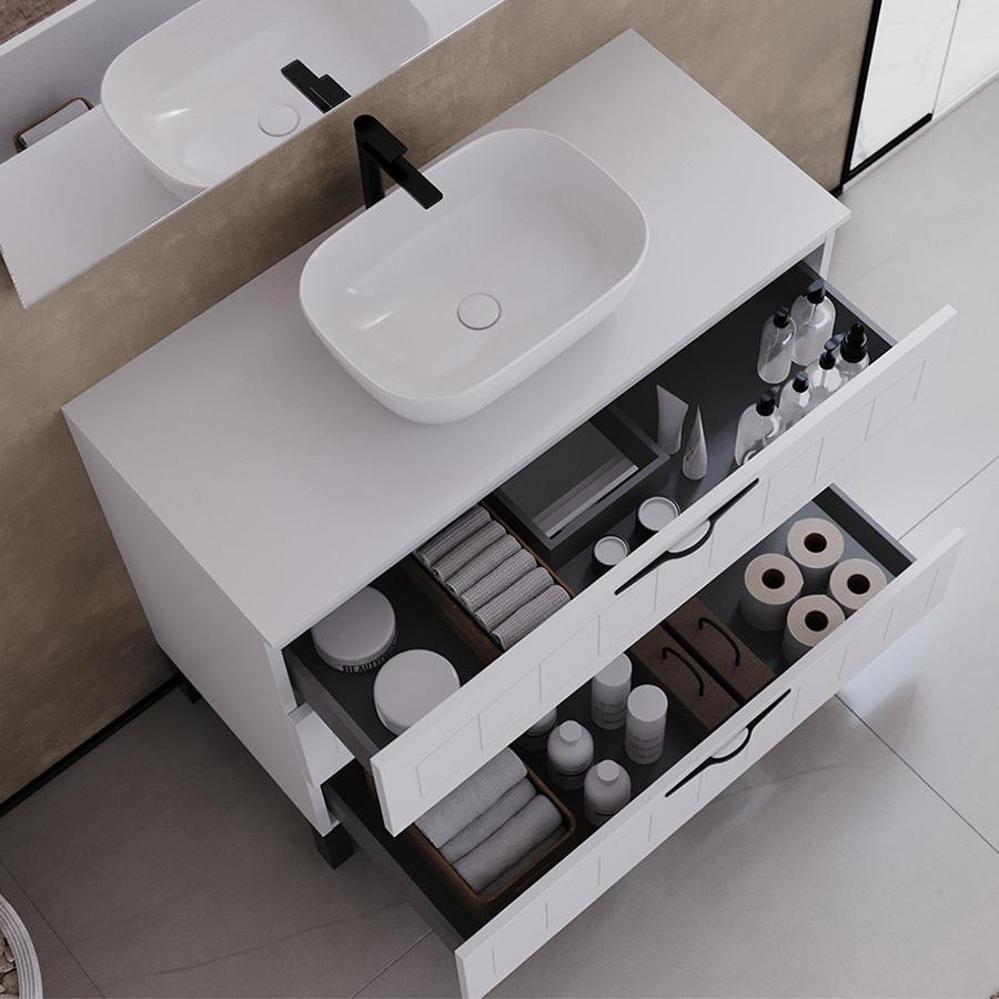 Meuble de salle de bain 100cm avec plateau et vasque à poser ovale - sans miroir - 3 tiroirs - CALA
