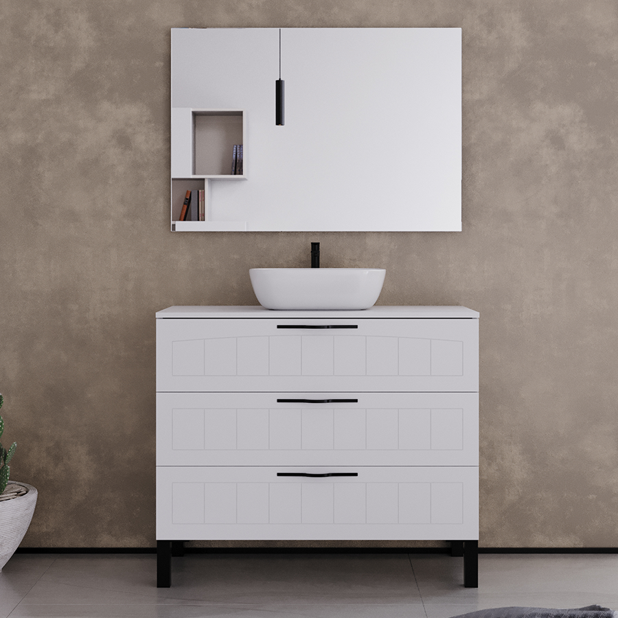 Meuble de salle de bain 100cm avec plateau et vasque à poser ovale - 3 tiroirs - CALA