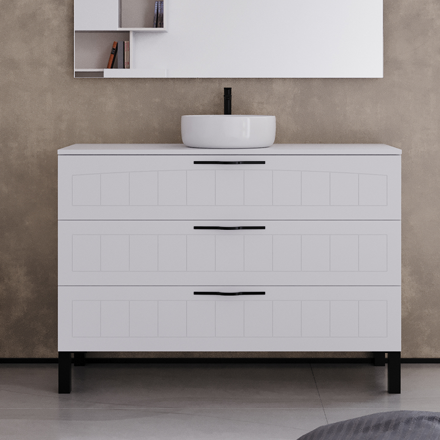 Meuble de salle de bain 120cm avec plateau et vasque à poser ronde - 3 tiroirs - CALA