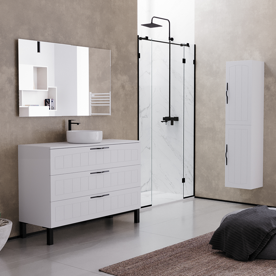Meuble de salle de bain 120cm avec plateau et vasque à poser ronde - 3 tiroirs - CALA