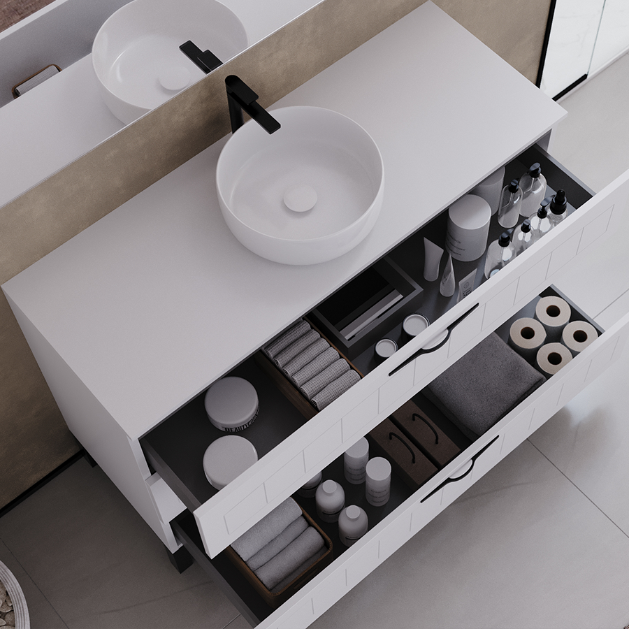 Meuble de salle de bain 120cm avec plateau et vasque à poser ronde - 3 tiroirs - CALA
