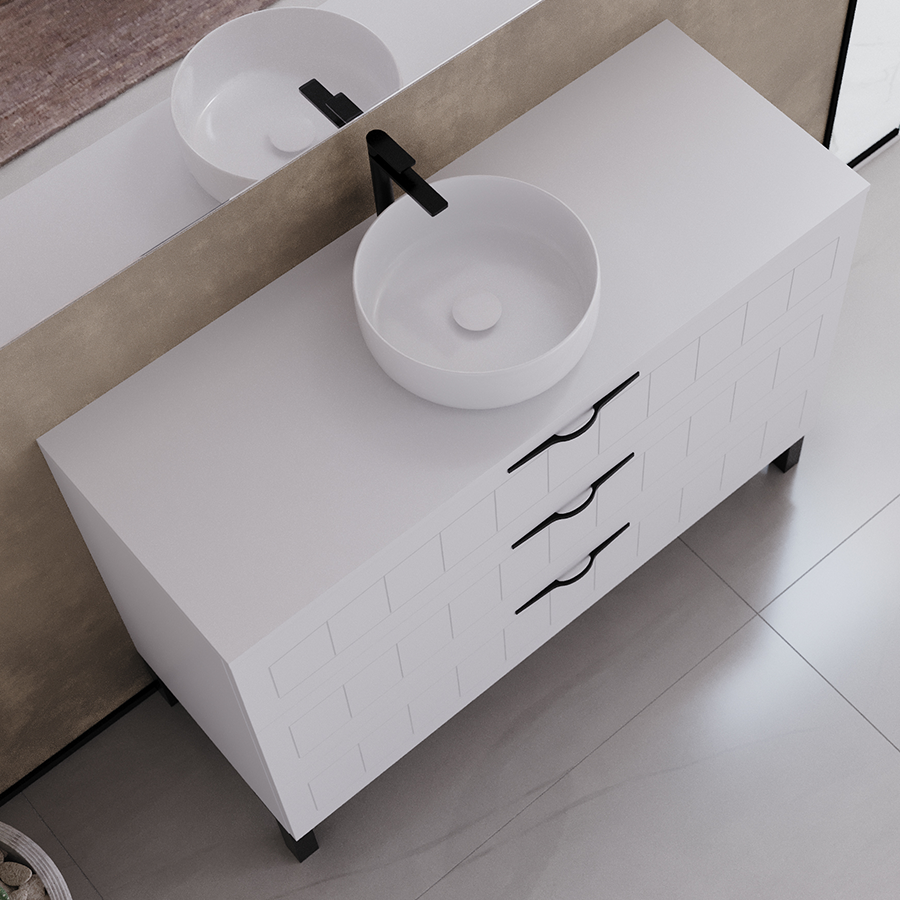 Meuble de salle de bain 120cm avec plateau et vasque à poser ronde - 3 tiroirs - CALA