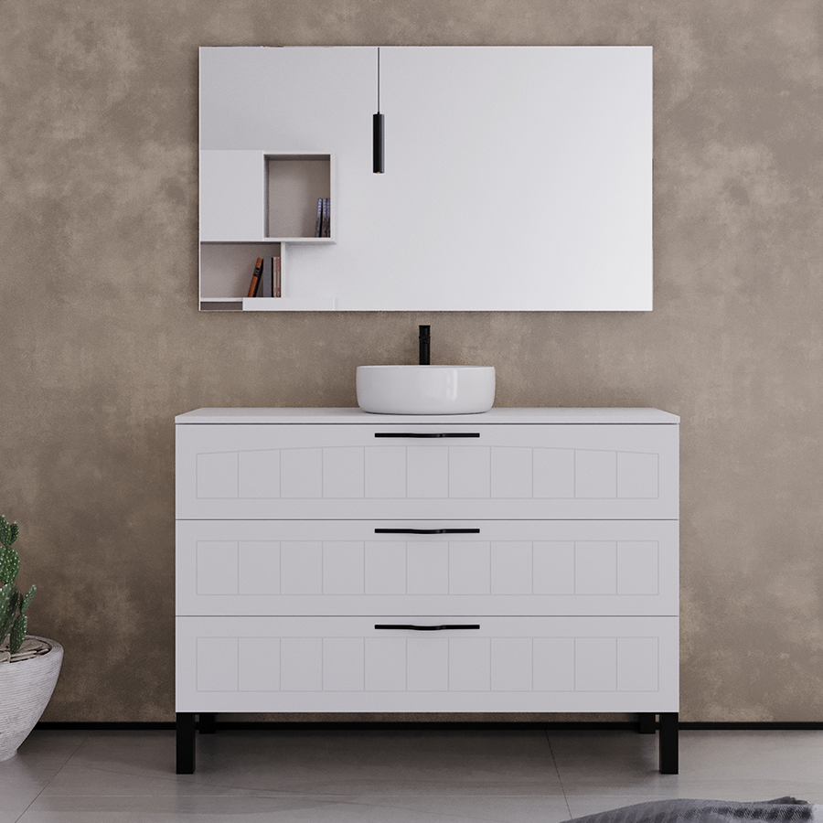 Meuble de salle de bain 120cm avec plateau et vasque à poser ronde - 3 tiroirs - CALA