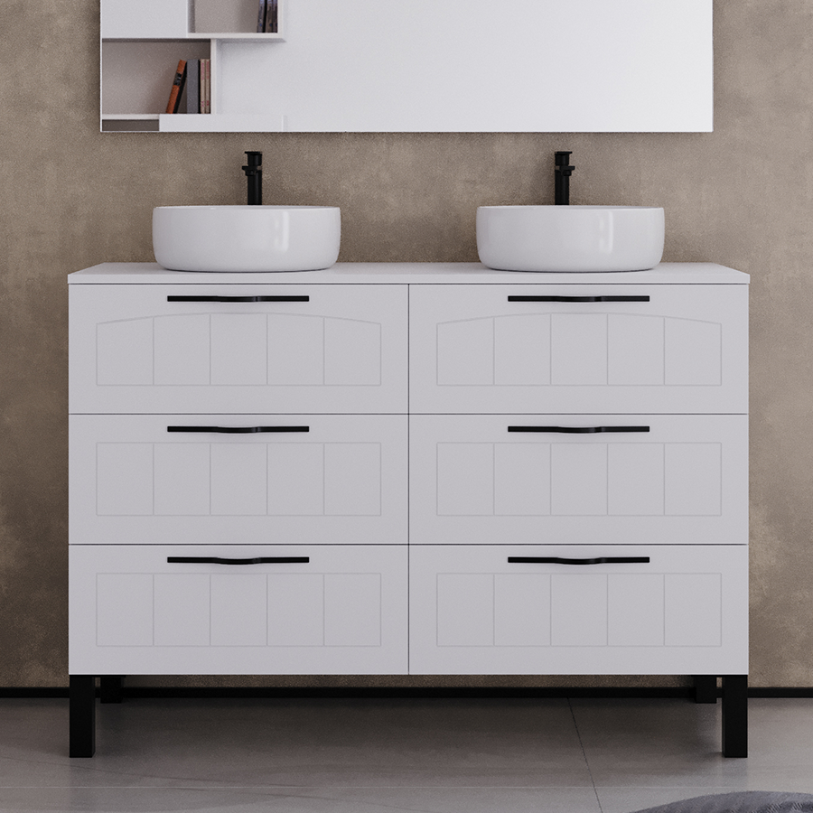 Meuble de salle de bain 120cm avec plateau et 2 vasques à poser rondes - sans miroir - 6 tiroirs - CALA