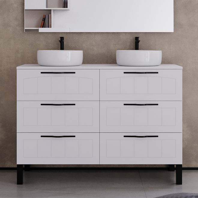 Meuble de salle de bain 120cm avec plateau et 2 vasques à poser rondes - sans miroir - 6 tiroirs - CALA