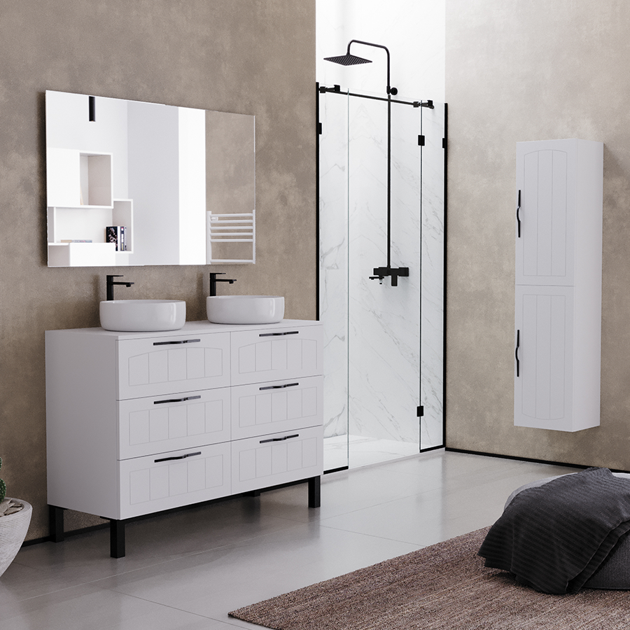 Meuble de salle de bain 120cm avec plateau et 2 vasques à poser rondes - sans miroir - 6 tiroirs - CALA
