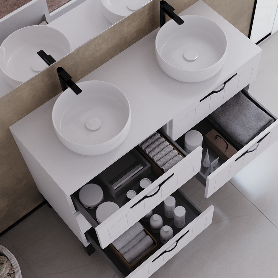 Meuble de salle de bain 120cm avec plateau et 2 vasques à poser rondes - sans miroir - 6 tiroirs - CALA