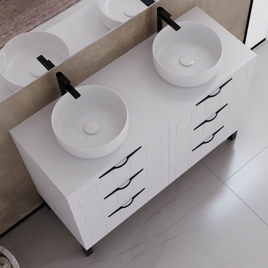 Meuble de salle de bain 120cm avec plateau et 2 vasques à poser rondes - sans miroir - 6 tiroirs - CALA